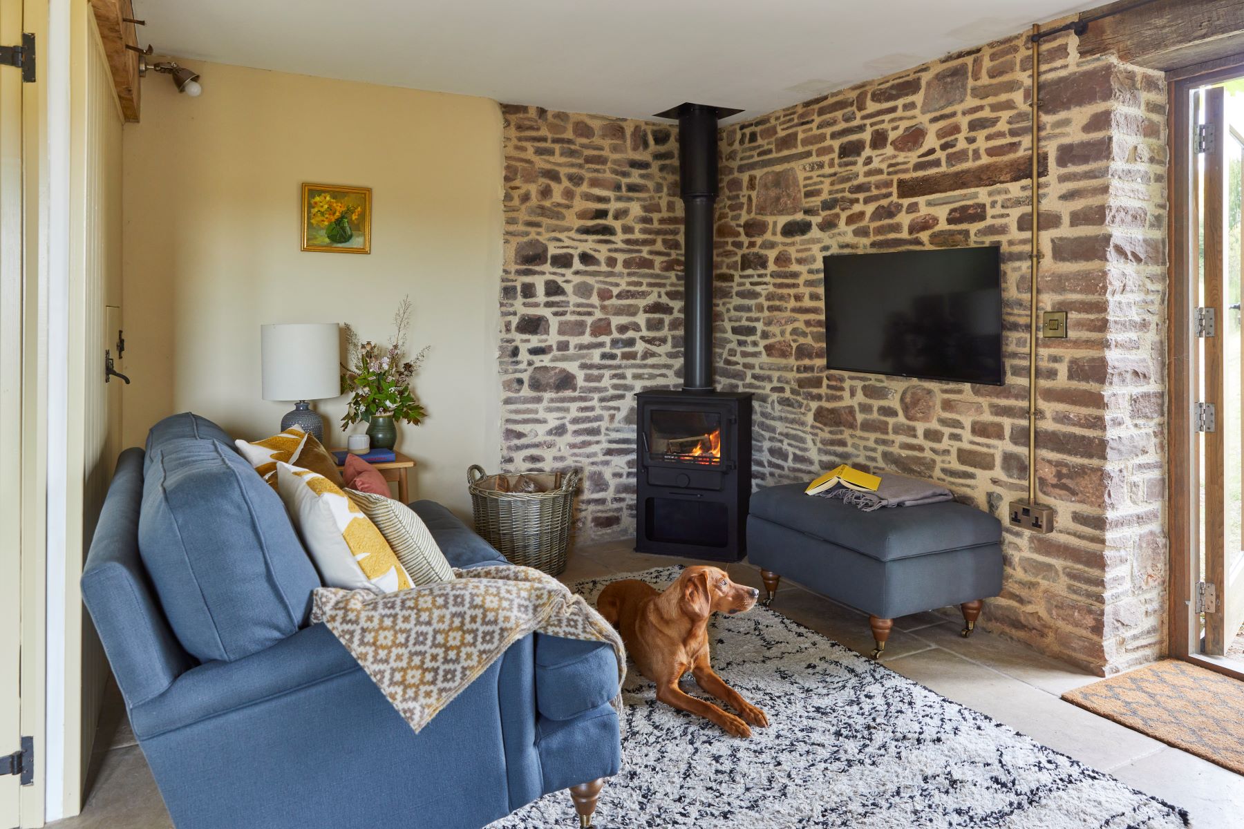 Lavendrye Barn log burner landscape with dog