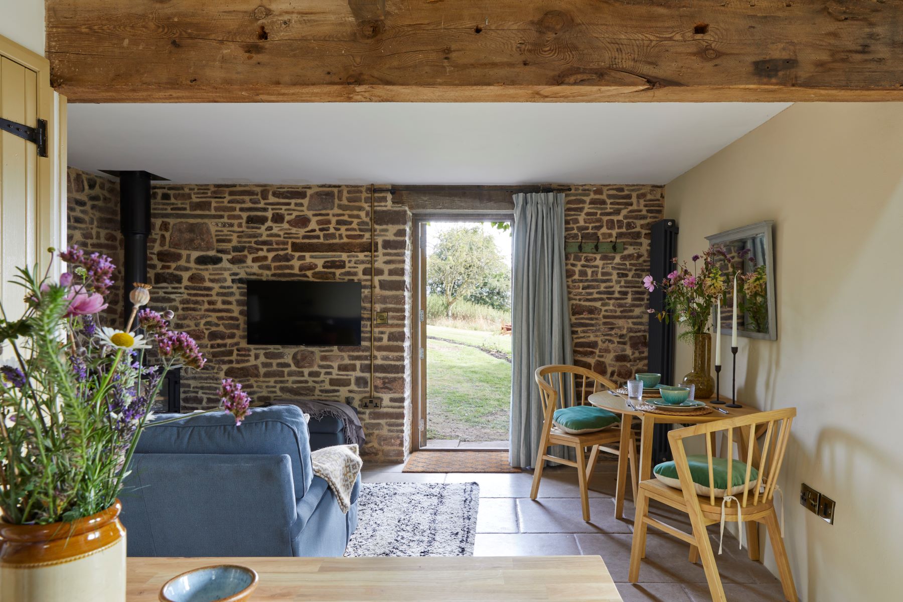 Lavendrye Barn view from kitchen to snug and out landscape