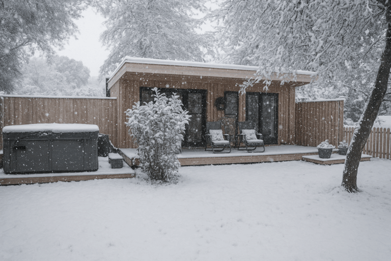 Toppesfield Hall Cabins winter snow